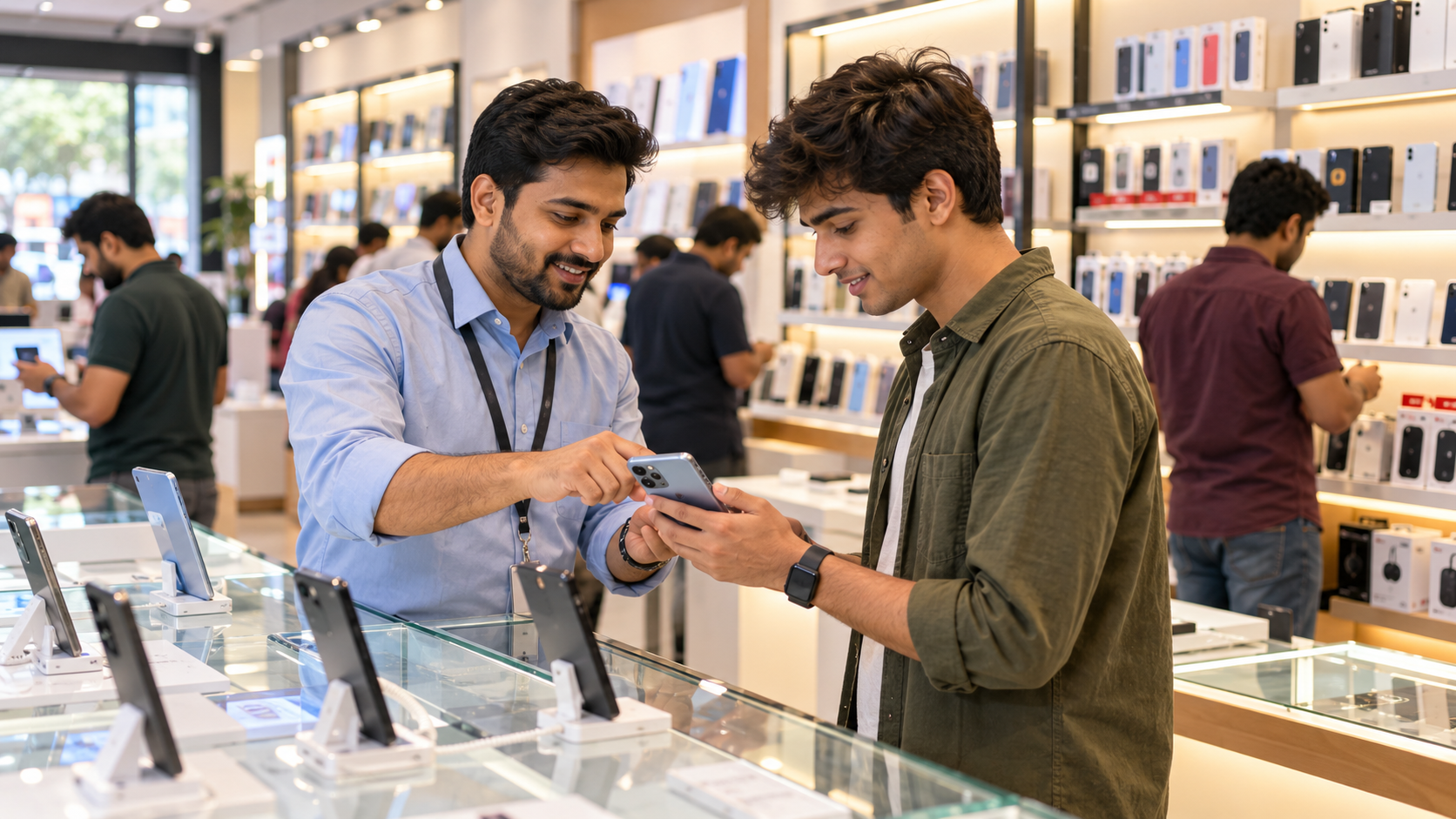 Customer buying a smartphone at a SmartDukaan mobile store in India.